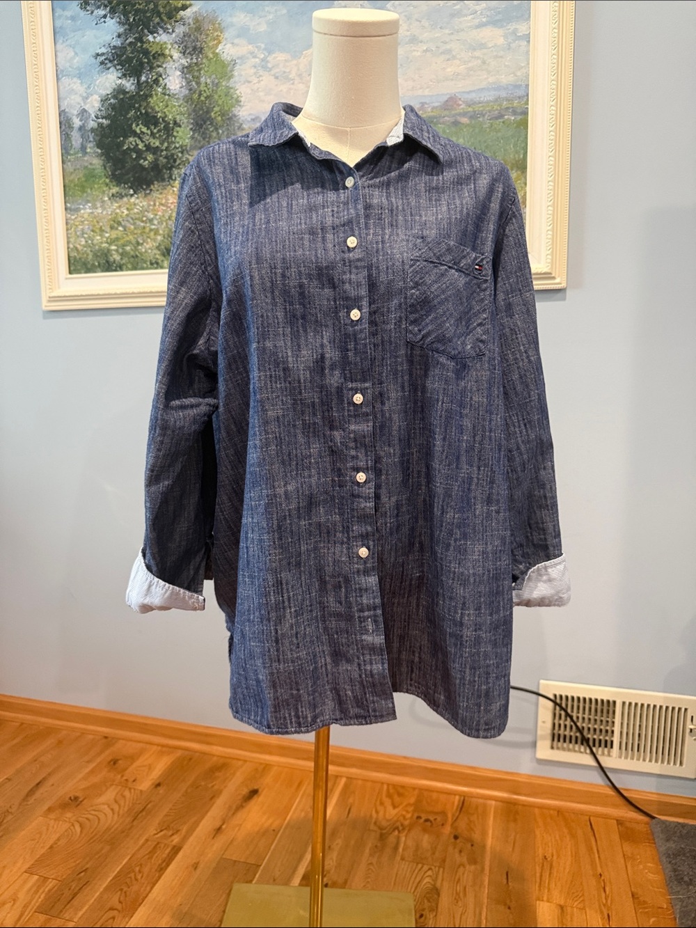 Tommy Hilfiger Women’s Navy and Light Blue Striped Collar Shirt